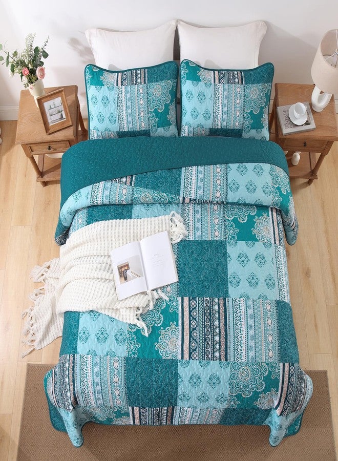 Dintszyayue Patchwork Quilt Set Queen Size,3 Pieces Teal Boho Bedspread Coverlet Set Turquoise Plaid Bohemian Quilt Bedding Set Reversible Bed Cover Soft Lightweight Coverlet Set (Queen,96"x90") - Image 3
