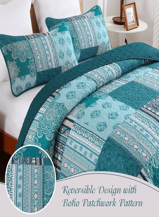 Dintszyayue Patchwork Quilt Set Queen Size,3 Pieces Teal Boho Bedspread Coverlet Set Turquoise Plaid Bohemian Quilt Bedding Set Reversible Bed Cover Soft Lightweight Coverlet Set (Queen,96"x90") - Image 5
