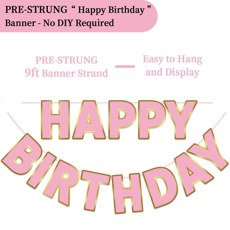 LITAUS Happy Birthday Banner 9ft Pink & Gold - Pre-Strung No DIY Backdrop Sign for Parties, Adults, Kids, Women & Girls - Birthday Decorations & Party Supplies - Image 2
