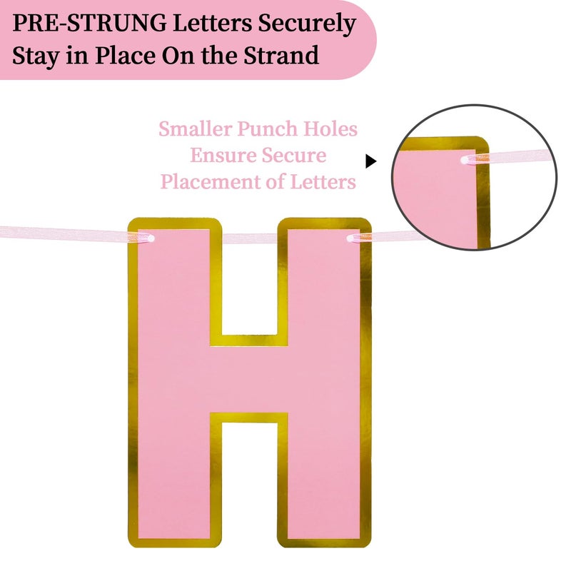 LITAUS Happy Birthday Banner 9ft Pink & Gold - Pre-Strung No DIY Backdrop Sign for Parties, Adults, Kids, Women & Girls - Birthday Decorations & Party Supplies - Image 4