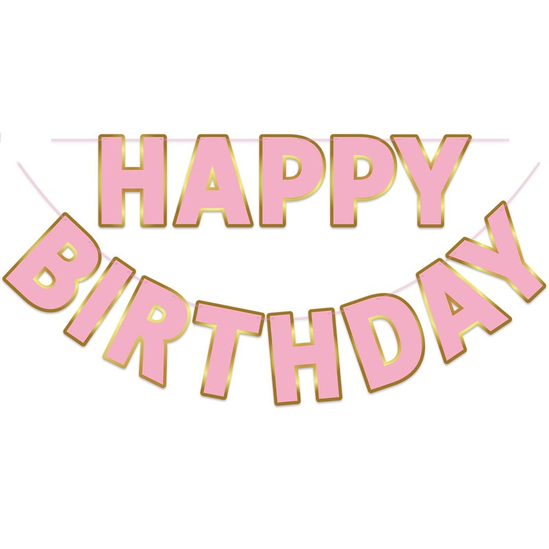 LITAUS Happy Birthday Banner 9ft Pink & Gold - Pre-Strung No DIY Backdrop Sign for Parties, Adults, Kids, Women & Girls - Birthday Decorations & Party Supplies - Image 1