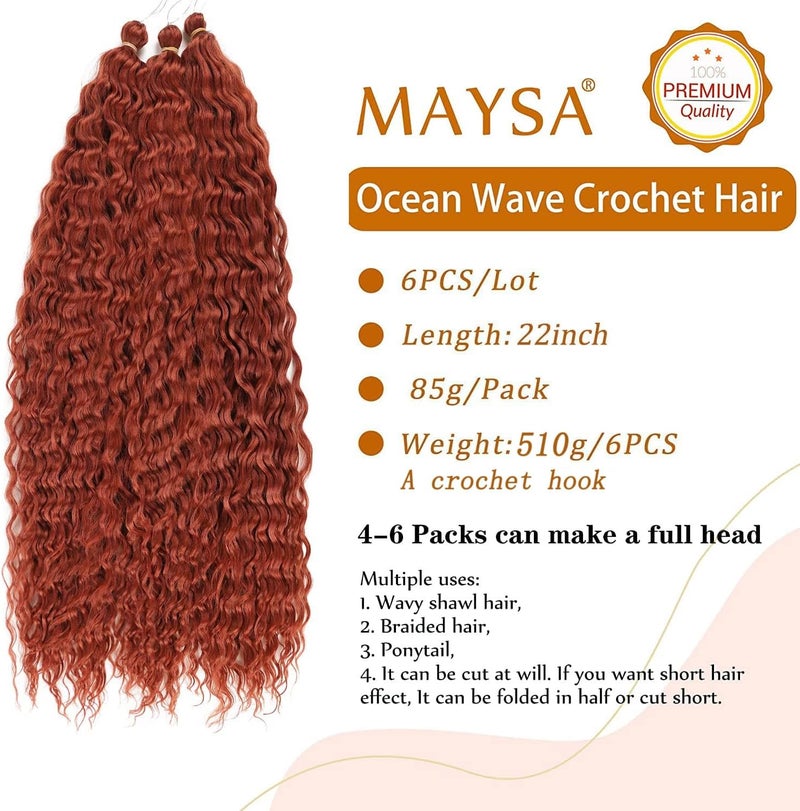 MAYSA Ocean Wave Crochet Hair Extension Copper Curly Braiding Crochet Hair Synthetic Deep Wave Crochet Hair Extensions 22 inch 6packs #350 Copper Red - Image 2