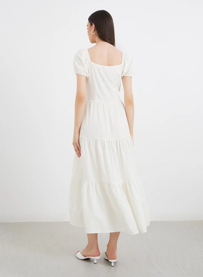 تايك تو Take Two Striped Puff Sleeve Tiered Midi Dress