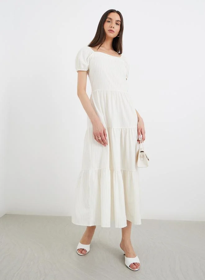 Take Two Take Two Striped Puff Sleeve Tiered Midi Dress