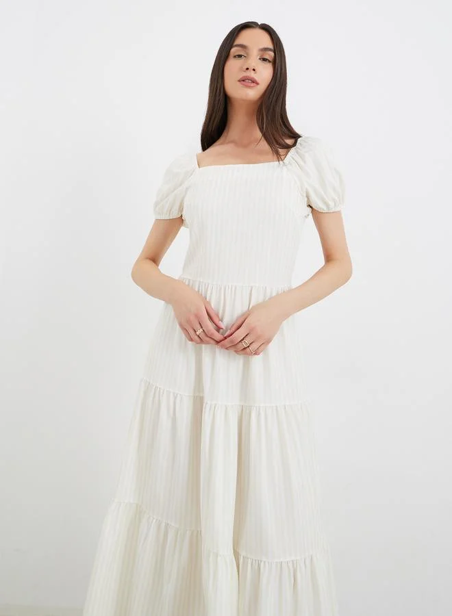 تايك تو Take Two Striped Puff Sleeve Tiered Midi Dress