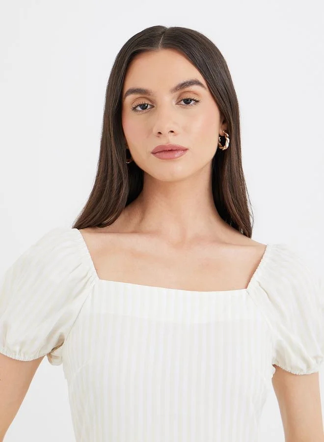 تايك تو Take Two Striped Puff Sleeve Tiered Midi Dress