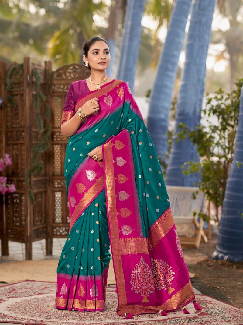 MANOHARI Women's Most Trendy Banarasi Soft Silk Woven Green and Pink Saree With Heavy Jacquard Work Saree With Pink Blouse Piece_MN2008 - Image 2