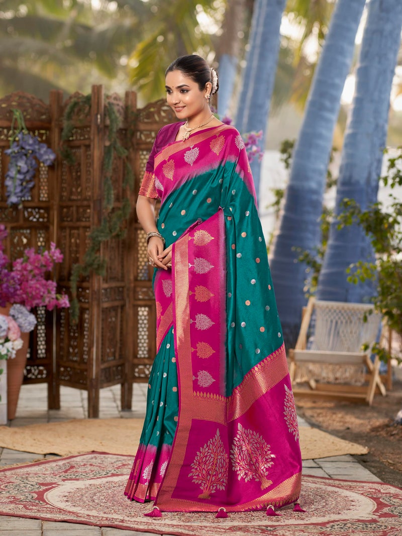 MANOHARI Women's Most Trendy Banarasi Soft Silk Woven Green and Pink Saree With Heavy Jacquard Work Saree With Pink Blouse Piece_MN2008 - Image 3