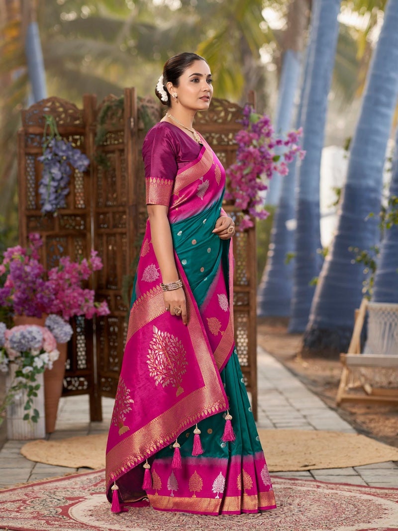 MANOHARI Women's Most Trendy Banarasi Soft Silk Woven Green and Pink Saree With Heavy Jacquard Work Saree With Pink Blouse Piece_MN2008 - Image 5