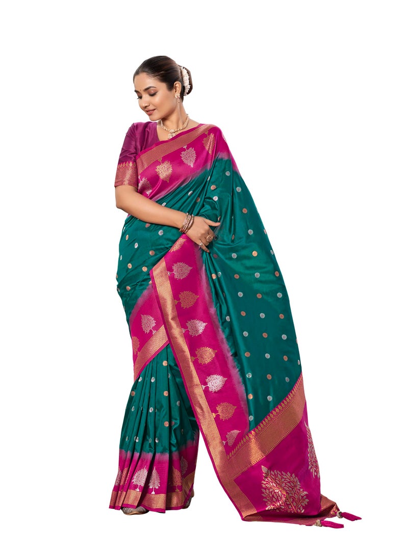MANOHARI Women's Most Trendy Banarasi Soft Silk Woven Green and Pink Saree With Heavy Jacquard Work Saree With Pink Blouse Piece_MN2008 - Image 1