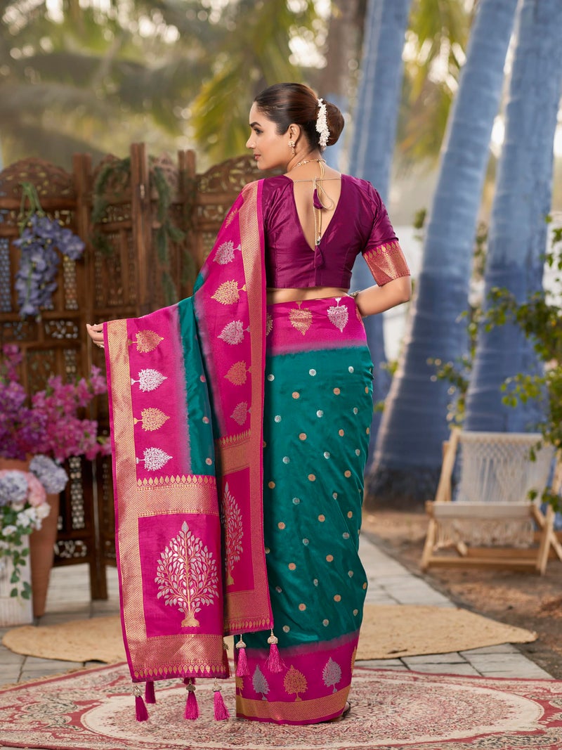 MANOHARI Women's Most Trendy Banarasi Soft Silk Woven Green and Pink Saree With Heavy Jacquard Work Saree With Pink Blouse Piece_MN2008 - Image 4