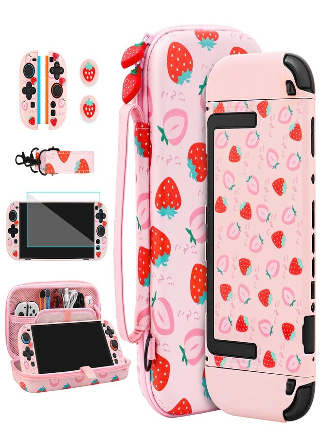 RHOTALL Strawberry Carrying Case for Nintendo Switch 2 2025,Pink Protective Hard Portable Travel Carry Case with 9 Game Card Slots,Shell Cover for Switch 2,Screen Protector,Shoulder Strap,2 Thumb Caps - Image 1