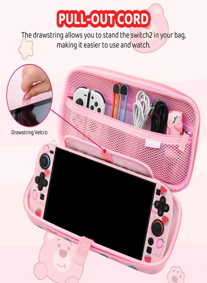 RHOTALL Strawberry Carrying Case for Nintendo Switch 2 2025,Pink Protective Hard Portable Travel Carry Case with 9 Game Card Slots,Shell Cover for Switch 2,Screen Protector,Shoulder Strap,2 Thumb Caps - Image 3