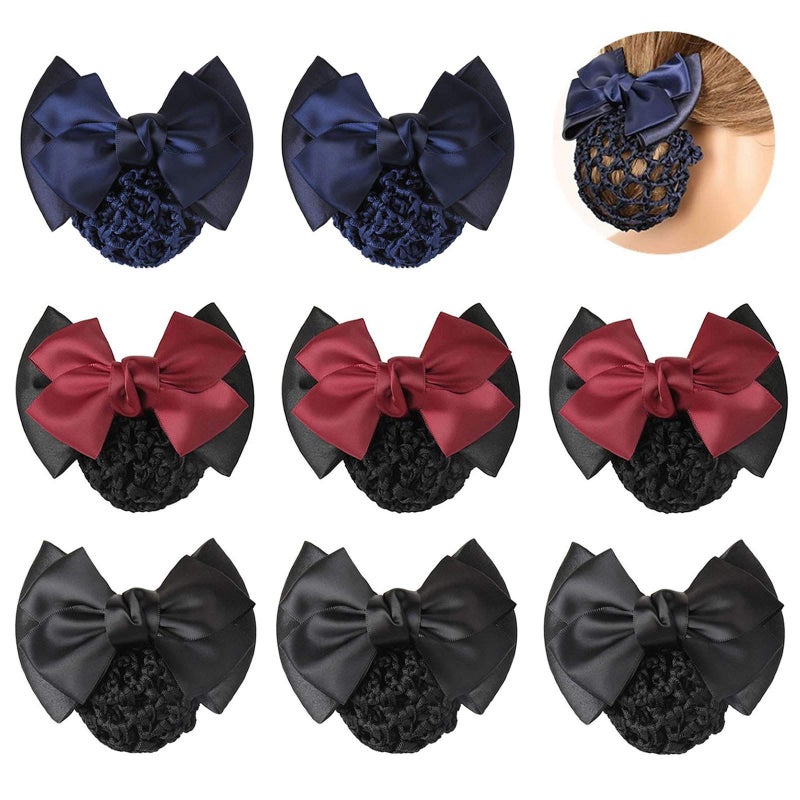 TXIN 9 Pieces Womens Hair Accessories Satin Bow Crochet Bowknot Barrette Mesh Knit Hairnets Clip for Women and Girls in Black Navy Blue and Red