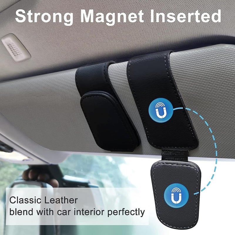 OZORI 2 Pack Sunglasses Holders, Car Visor Magnetic Leather Glasses Eyeglass Hanger Clip For Car, Ticket Card Clip Eyeglasses Mount(Black) - Image 2