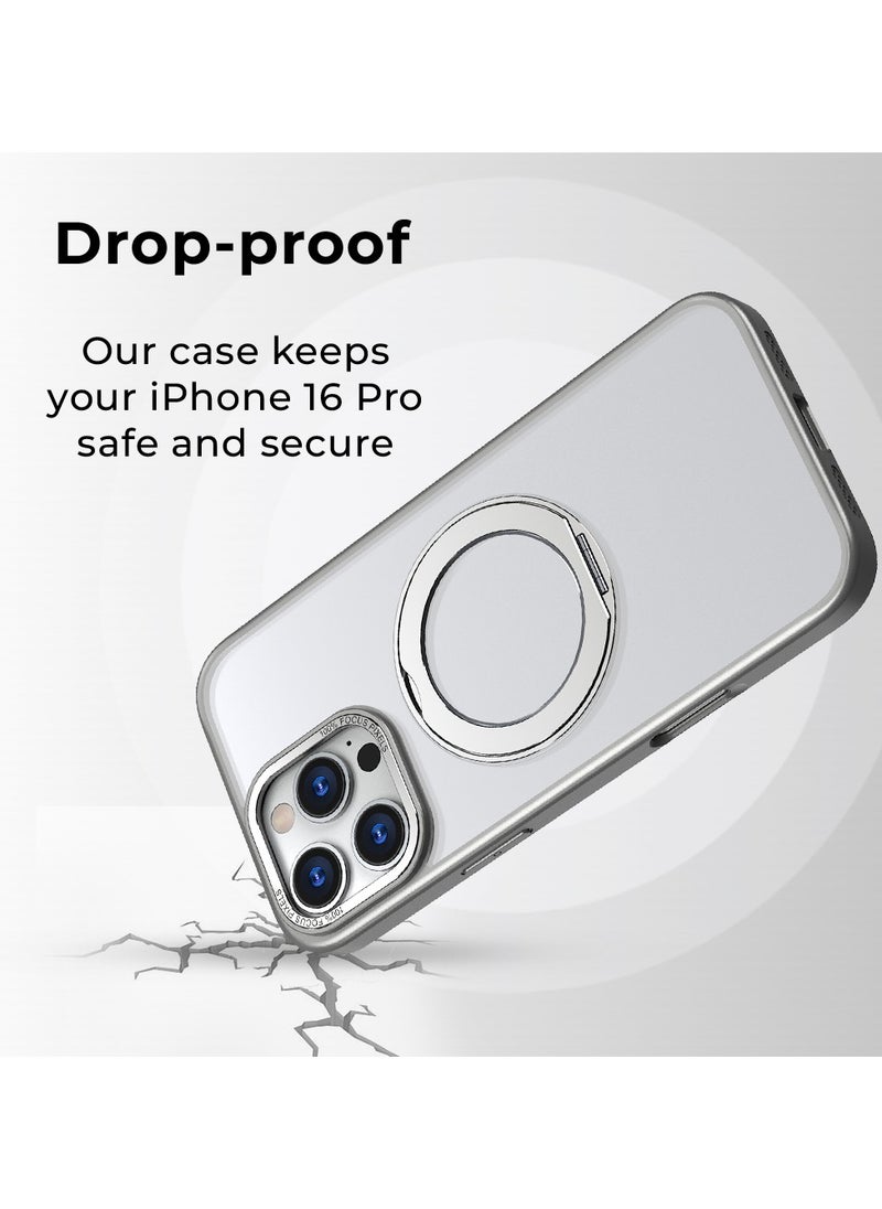 glassology iPhone 16 Pro 360° Rotate Ring Stand MagSafe Case Shockproof Wireless Charging Compatible Adjustable Kickstand (Grey)  - Image 3