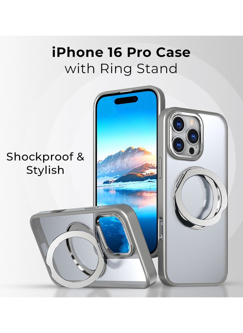 glassology iPhone 16 Pro 360° Rotate Ring Stand MagSafe Case Shockproof Wireless Charging Compatible Adjustable Kickstand (Grey)  - Image 2