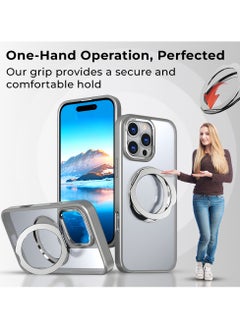 glassology iPhone 16 Pro 360° Rotate Ring Stand MagSafe Case Shockproof Wireless Charging Compatible Adjustable Kickstand (Grey)  - Image 4