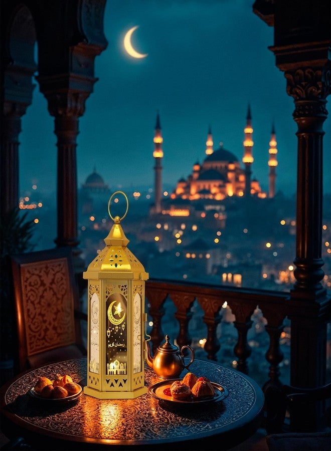 DECORKEY Ramadan Decorations for Home, 12.8‘’H Large Hexagon Decorative Candle Lantern for Tabletop Mantel Decor, Vintage Metal Lantern Candle Holders for Indoor Outdoor Decor, EID Mubarak Gift - Image 2