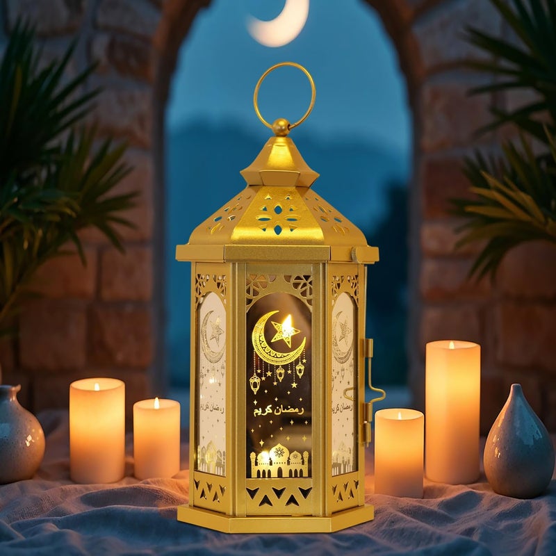 DECORKEY Ramadan Decorations for Home, 12.8‘’H Large Hexagon Decorative Candle Lantern for Tabletop Mantel Decor, Vintage Metal Lantern Candle Holders for Indoor Outdoor Decor, EID Mubarak Gift - Image 1