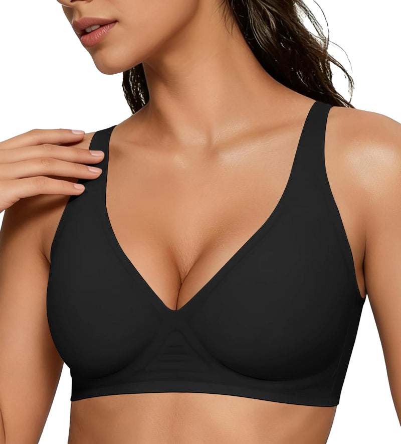 Dopheuor 2026 Women Jelly Seamless Wireless Push Up Bras Deep V No Underwire Supportive Everyday Bra Full Coverage Plunge Bralettes Black - Image 1