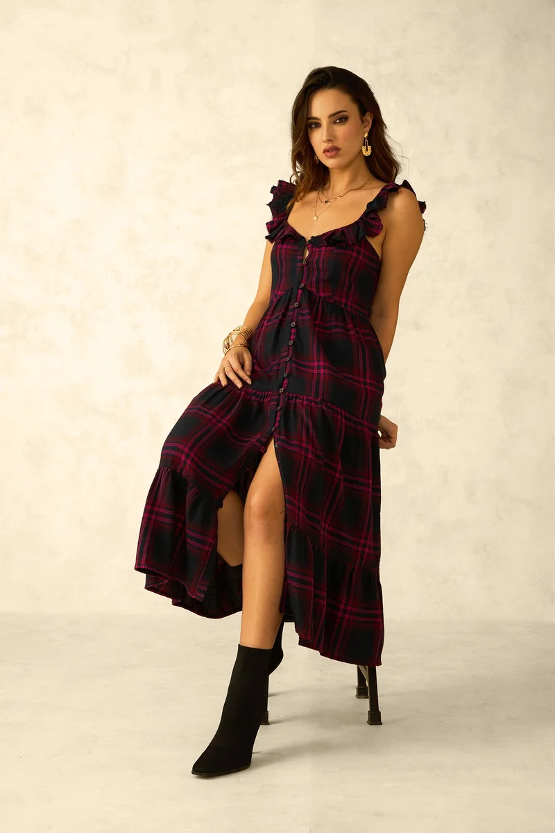 فيرجيو Checks Viscose Button Down Ruffle Neck Dress for Women