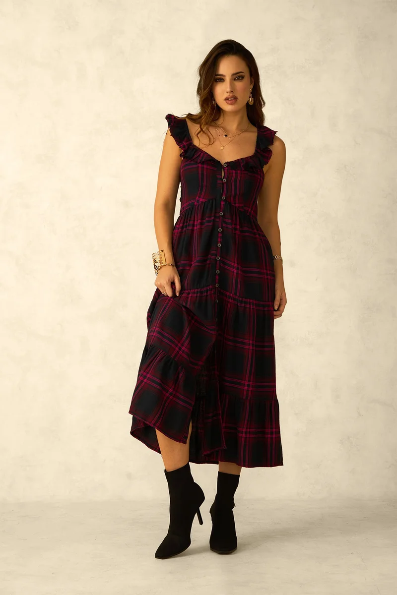 فيرجيو Checks Viscose Button Down Ruffle Neck Dress for Women