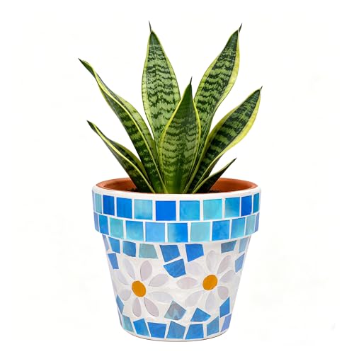 Chonsun 4 Inch Mosaic Terracotta Planter Small Flower Pot with Drainage Hole for Succulent Indoor Outdoor Home Desk Plants Light Blue - Image 1