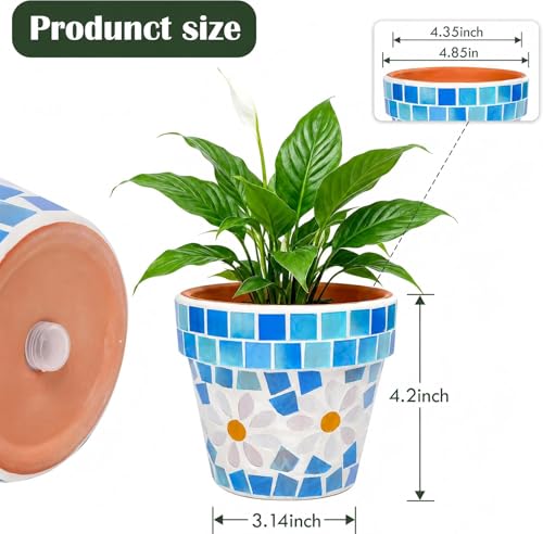 Chonsun 4 Inch Mosaic Terracotta Planter Small Flower Pot with Drainage Hole for Succulent Indoor Outdoor Home Desk Plants Light Blue - Image 3