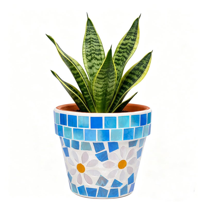 Chonsun 4 Inch Mosaic Terracotta Planter Small Flower Pot with Drainage Hole for Succulent Indoor Outdoor Home Desk Plants Light Blue - Image 2