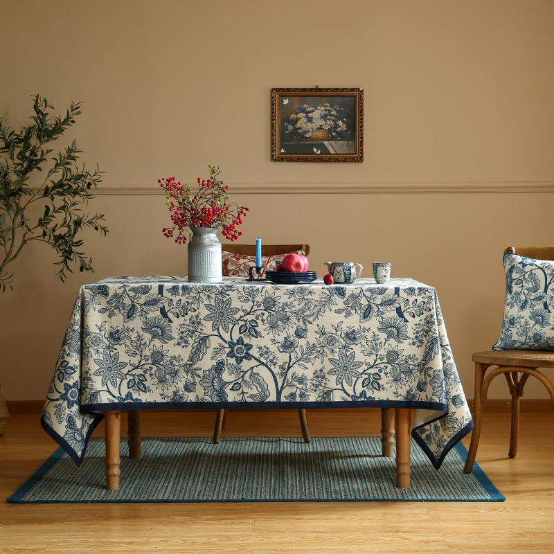 ISAENNE Designer French Linen Table Cloth for Rectangle Table,Blue Floral Washable Indoor Tablecloth,Durable Home Decor Tablecloths for Dining Thanksgiving Kitchen Party Christmas,55"*79"-Ruyi B - Image 2
