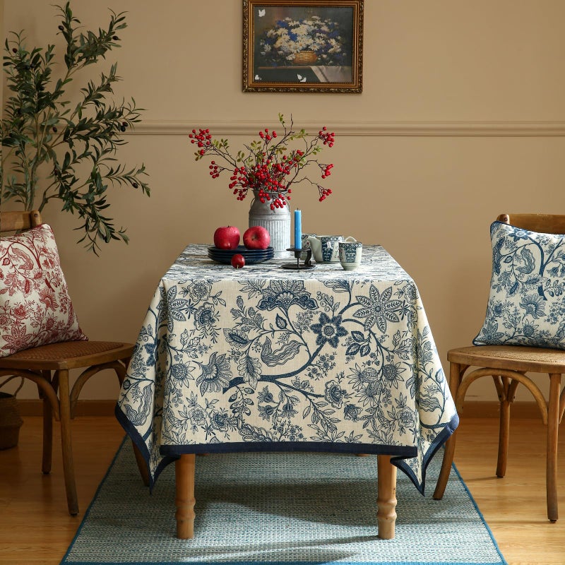 ISAENNE Designer French Linen Table Cloth for Rectangle Table,Blue Floral Washable Indoor Tablecloth,Durable Home Decor Tablecloths for Dining Thanksgiving Kitchen Party Christmas,55"*79"-Ruyi B - Image 3