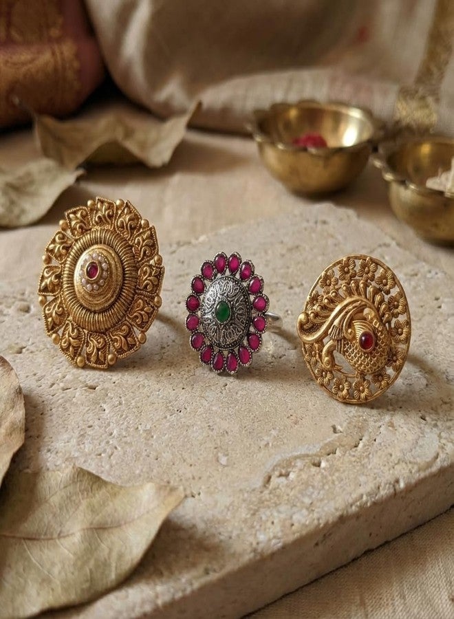 مجموعة خواتم أصابع تقليدية من الذهب المؤكسد من AAIKU | خواتم قابلة للتعديل بتصميمات زهور وطاووس عتيقة للفتيات والسيدات (Combo-FR1035-Des1-Des2&FR1667-Des1) - Image 5