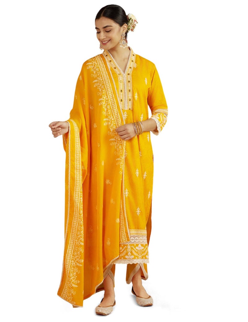 Kaari Women Cotton 7525 Kurta Set (KAAAW24WSKD-92029_Turmeric Gold_L) - Image 1