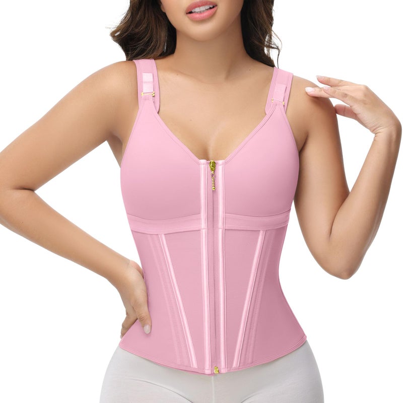 SHAPSHE Waist Trainer Corset for Women Tummy Control Sport Workout Body Shaper Vest for Postpartum Gym Zipper and Hooks Pink M - Image 2