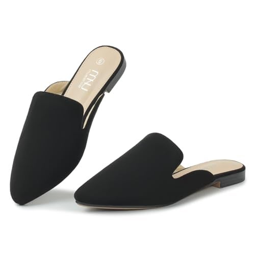MUSSHOE All-Season Women's Mules：Pointed Toe Backless Loafers：Slip-on Dressy Comfortable Casual Office Business Flat Shoes for Working Women Aged 25-45,Black Suede 8 - Image 1