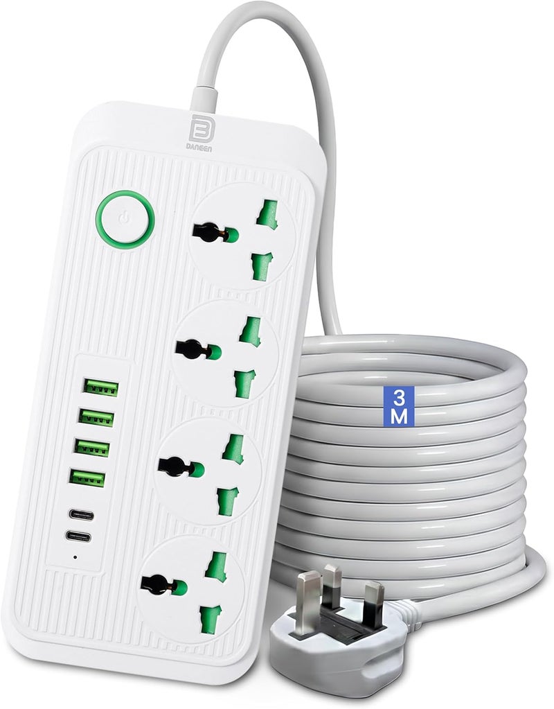 DANEEN Power Extension cord | 3M 3 Core Cable with 10A Fused UK 3 PIN Plug, 04 Power Outlets, 2 Type C and 6 USB 4.8A Fast Charging Ports, Surge & Overload Protection | Push button & LED Indicator - Image 1