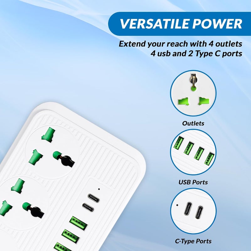 DANEEN Power Extension cord | 3M 3 Core Cable with 10A Fused UK 3 PIN Plug, 04 Power Outlets, 2 Type C and 6 USB 4.8A Fast Charging Ports, Surge & Overload Protection | Push button & LED Indicator - Image 4