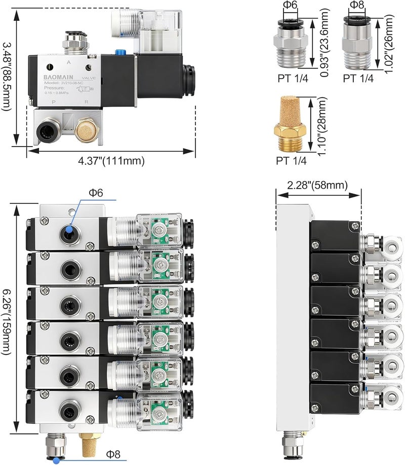 Baomain 6 Station Solenoid Valve Manifold, 24V DC 3 Way 2 Position Pneumatic Air Valve, Six Solenoid, 1/4" PT Port, Includes Manifold Base & Mufflers, 3V210-08 - Image 2