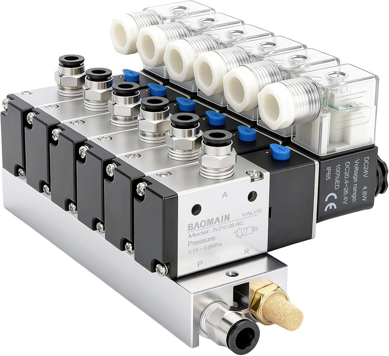 Baomain 6 Station Solenoid Valve Manifold, 24V DC 3 Way 2 Position Pneumatic Air Valve, Six Solenoid, 1/4" PT Port, Includes Manifold Base & Mufflers, 3V210-08 - Image 1