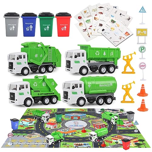 FIVEDAOGANG Garbage Truck Toys for Boys 4 pcs 6 Friction Powered Trash Truck with Kids Playmat Car Rug 8 pcs Roadblock Signpost 4 Trash Bins with 108 pcs Trash Cards Toy Gift for 3 Years Old Kid - Image 1