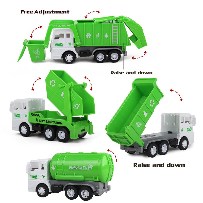 FIVEDAOGANG Garbage Truck Toys for Boys 4 pcs 6 Friction Powered Trash Truck with Kids Playmat Car Rug 8 pcs Roadblock Signpost 4 Trash Bins with 108 pcs Trash Cards Toy Gift for 3 Years Old Kid - Image 3