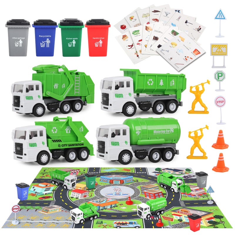 FIVEDAOGANG Garbage Truck Toys for Boys 4 pcs 6 Friction Powered Trash Truck with Kids Playmat Car Rug 8 pcs Roadblock Signpost 4 Trash Bins with 108 pcs Trash Cards Toy Gift for 3 Years Old Kid - Image 2
