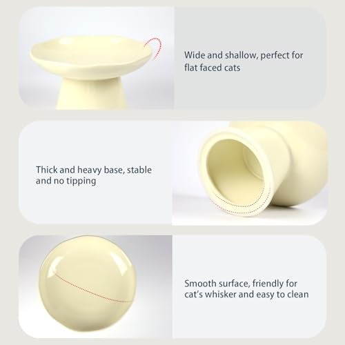 LOVINFURBABY Wide Shallow 6.1" Raised Cat Bowls, Ceramic Elevated Food Plate for Flat Faced Cats and Small Dogs, Porcelain Feeder Bowl, Stress Free, Protect Cat’s Spine, Cream - Image 3