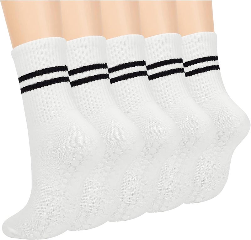 PUJANE 5 Pairs Grip Pilates Socks for Women, Non Slip Yoga Athletic Long Crew Socks for Barre Ballet Gym Workout - Image 1