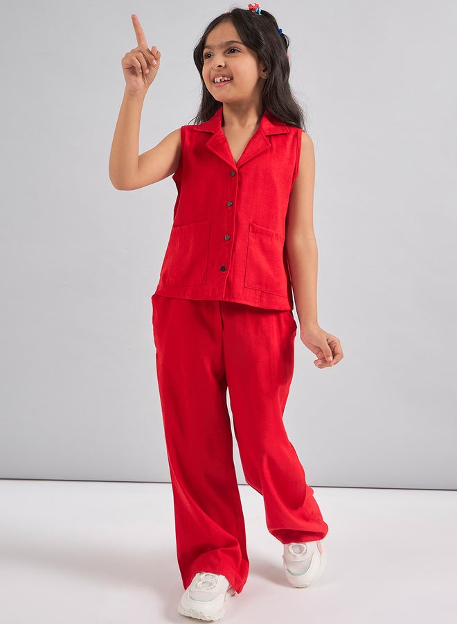 Stylo Bug Girls Red Rayon Sleeveless Top And Pants Set - Image 1