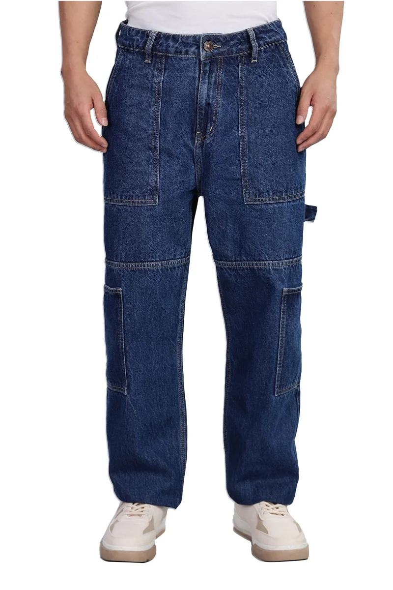 inkd Men's Carpenter Baggy Jeans ÃƒÂ¢Ã¢â€šÂ¬Ã¢â‚¬Å“ Mid-Rise | 100% Cotton | Contrast Stitch| 6 Pocket Styling | Baggy Jeans for Man | Loose fit & Comfortable