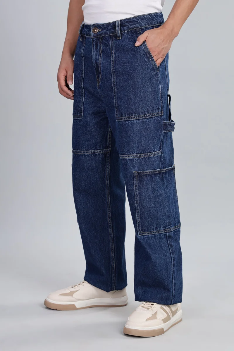 Inkd Denim Divine Men's Carpenter Baggy Jeans – Mid-Rise | 100% Cotton | Contrast Stitch| 6 Pocket Styling | Baggy Jeans for Man | Loose fit & Comfortable for Men | Best Price UAE