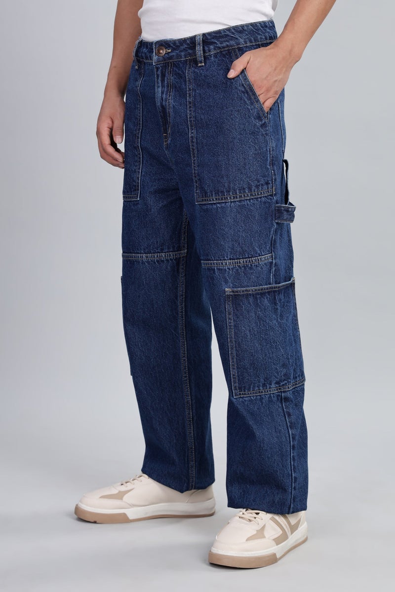 inkd بنطال جينز نجار رجالي واسع بحجم متوسط | 100٪ قطن | غرزة التباين| ستة جيب ستايلينج | جينز واسع للرجال | مقاس فضفاض ومريح - Image 5