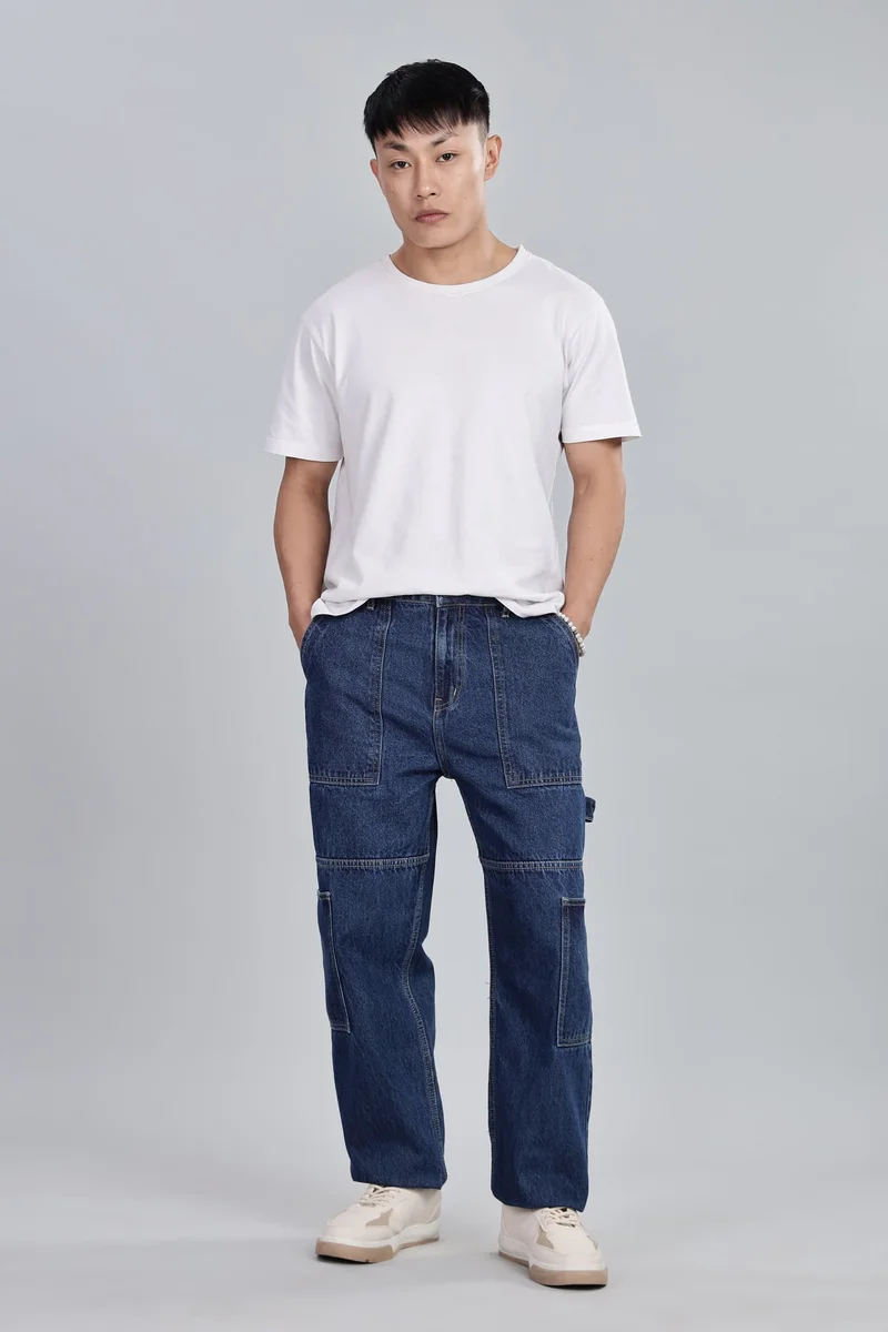 inkd Men's Carpenter Baggy Jeans ÃƒÂ¢Ã¢â€šÂ¬Ã¢â‚¬Å“ Mid-Rise | 100% Cotton | Contrast Stitch| 6 Pocket Styling | Baggy Jeans for Man | Loose fit & Comfortable